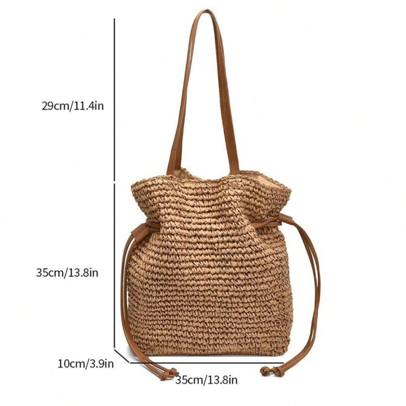 Boho Khaki Vegan Leather Straw Medium Size Tote Bag - Picture 6 of 6